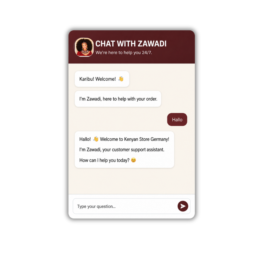 Zawadi AI support chat widget on the Kenyan Store Germany storefront.