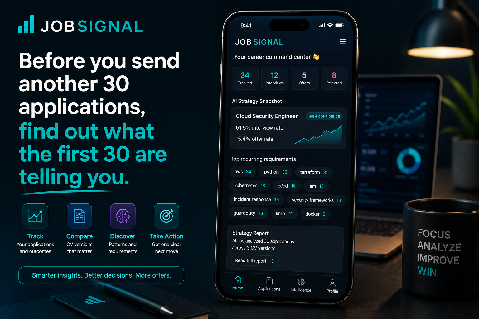 Job Signal product hero: career command centre with tracked applications, AI strategy snapshot and recurring requirements.